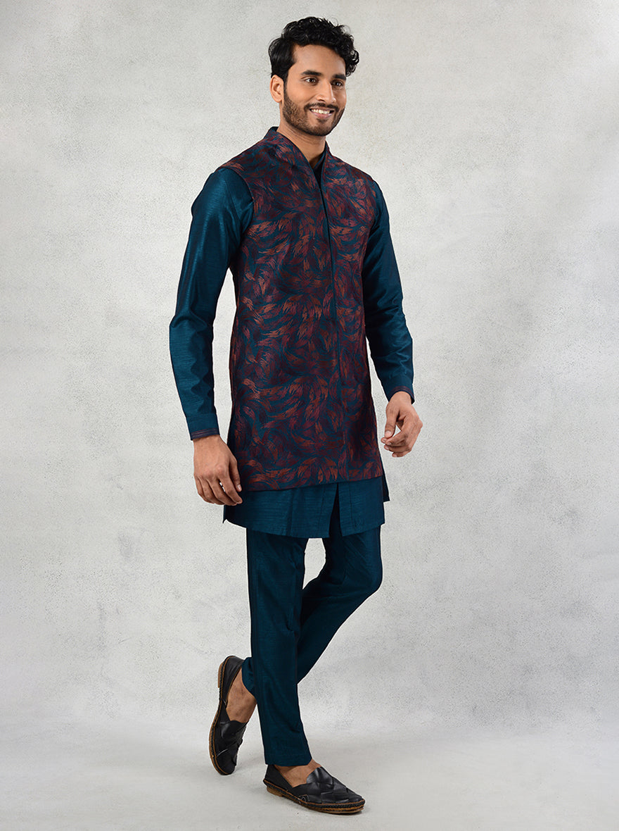 Silk blend teal blue kurta set with resham and sequins for men