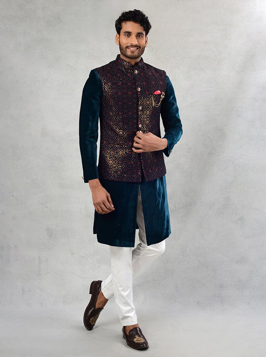 Elegant greenish blue kurta pajama with koti, crafted for festive events in the USA.