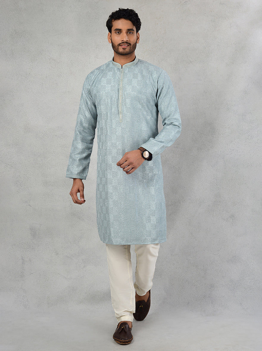 Men's powder grey silk kurta pajama with resham and sequin embroidery