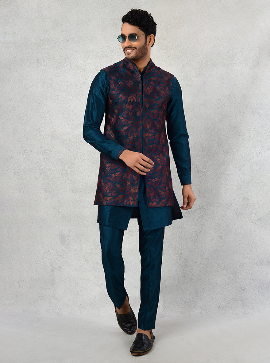 Stylish teal blue kurta set with resham work and front open design