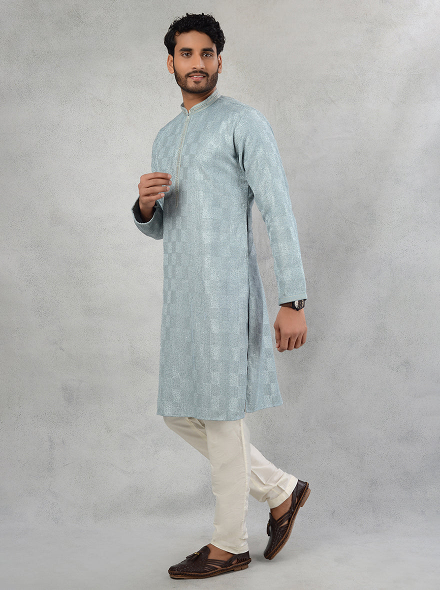 Stylish powder grey silk kurta pajama with resham and sequin work