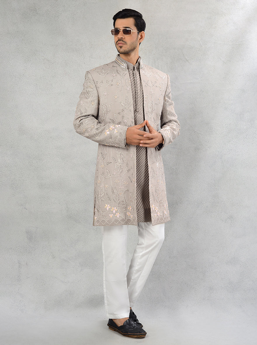 Sadi work and resham embroidered grey indowestern for sangeet