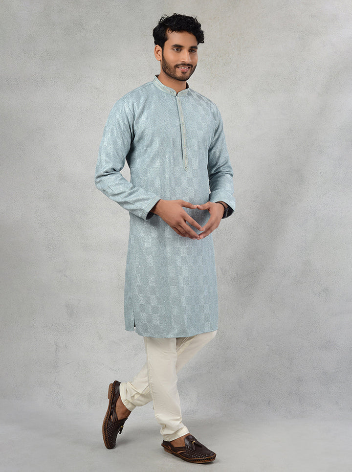 Elegant powder grey silk blend kurta pajama for mehndi celebrations