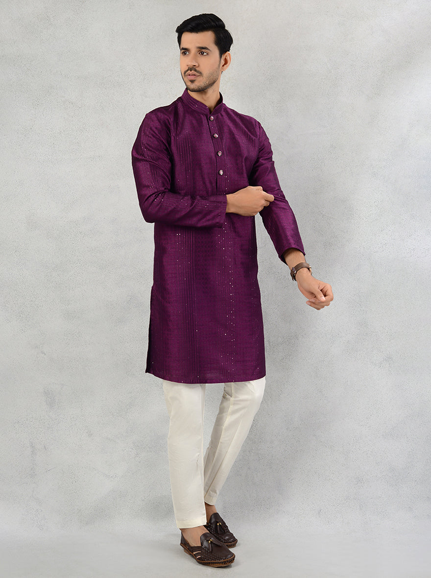 Elegant purple silk blend kurta pajama with classic straight cut