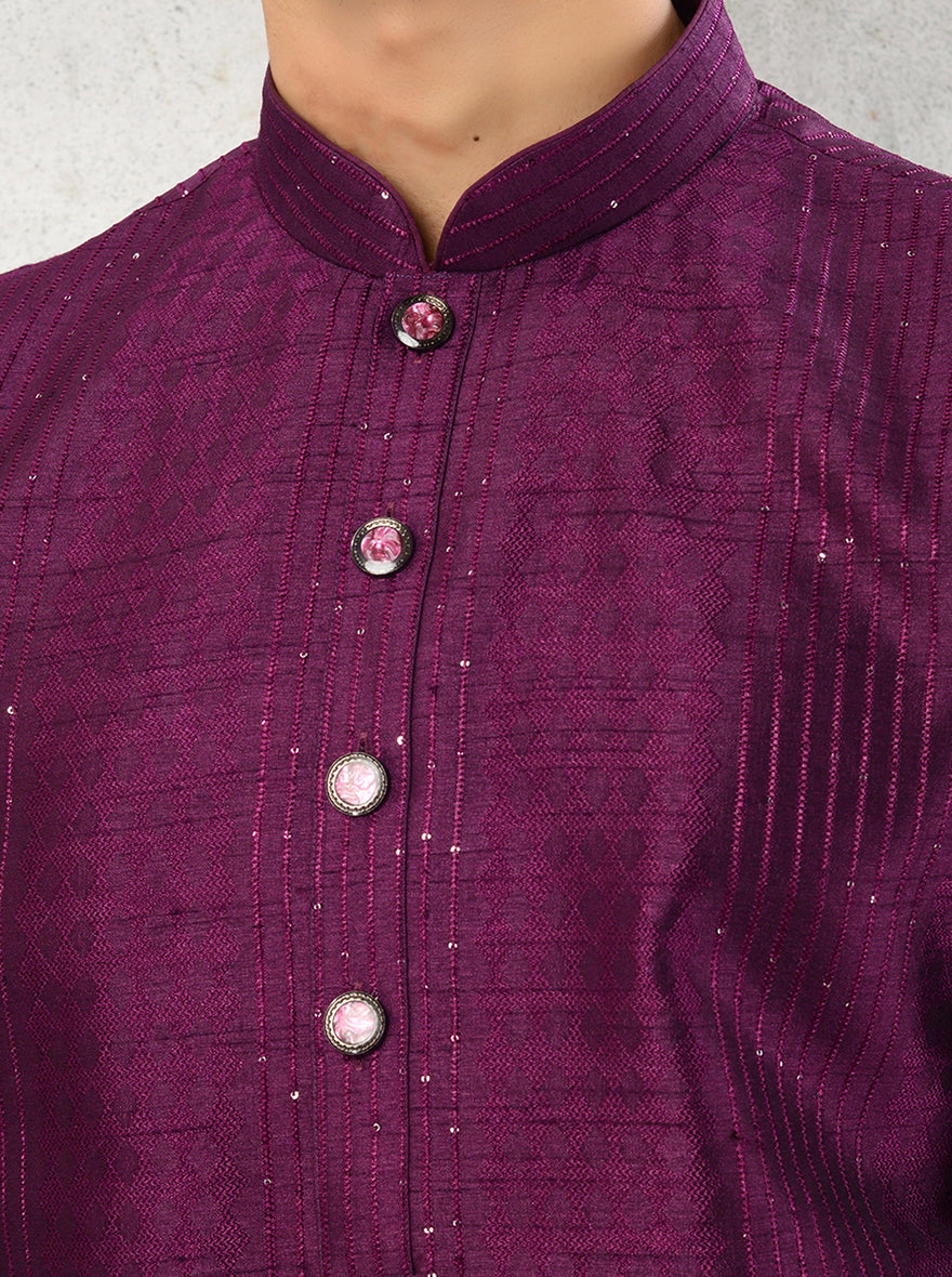 Men's ethnic wear purple silk blend embroidered kurta pajama