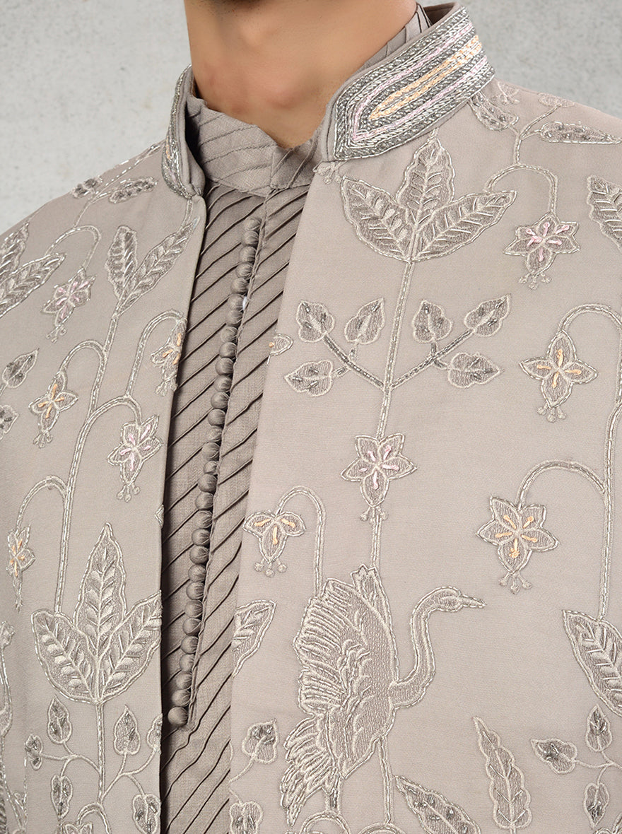 Grey silk blend indowestern for men with resham and sequins embroidery