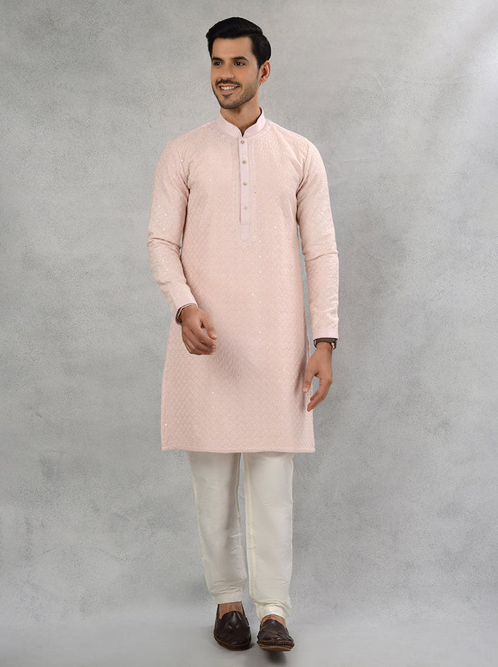 Blush Pink Silk Blend Kurta Pajama with Thread Embroidery