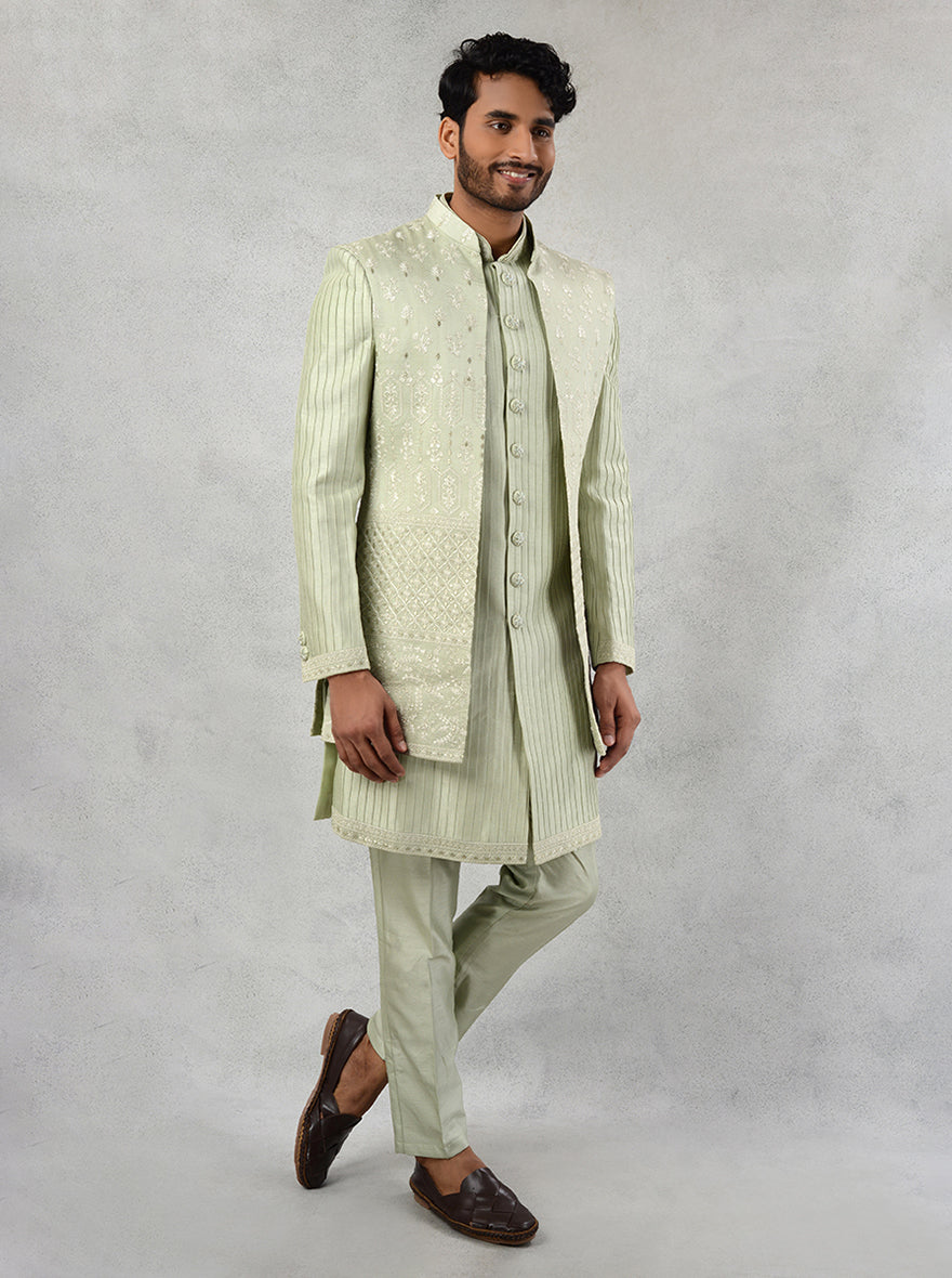 Stylish Pista Color Indowestern for men, ideal for Mehndi and Engagement.