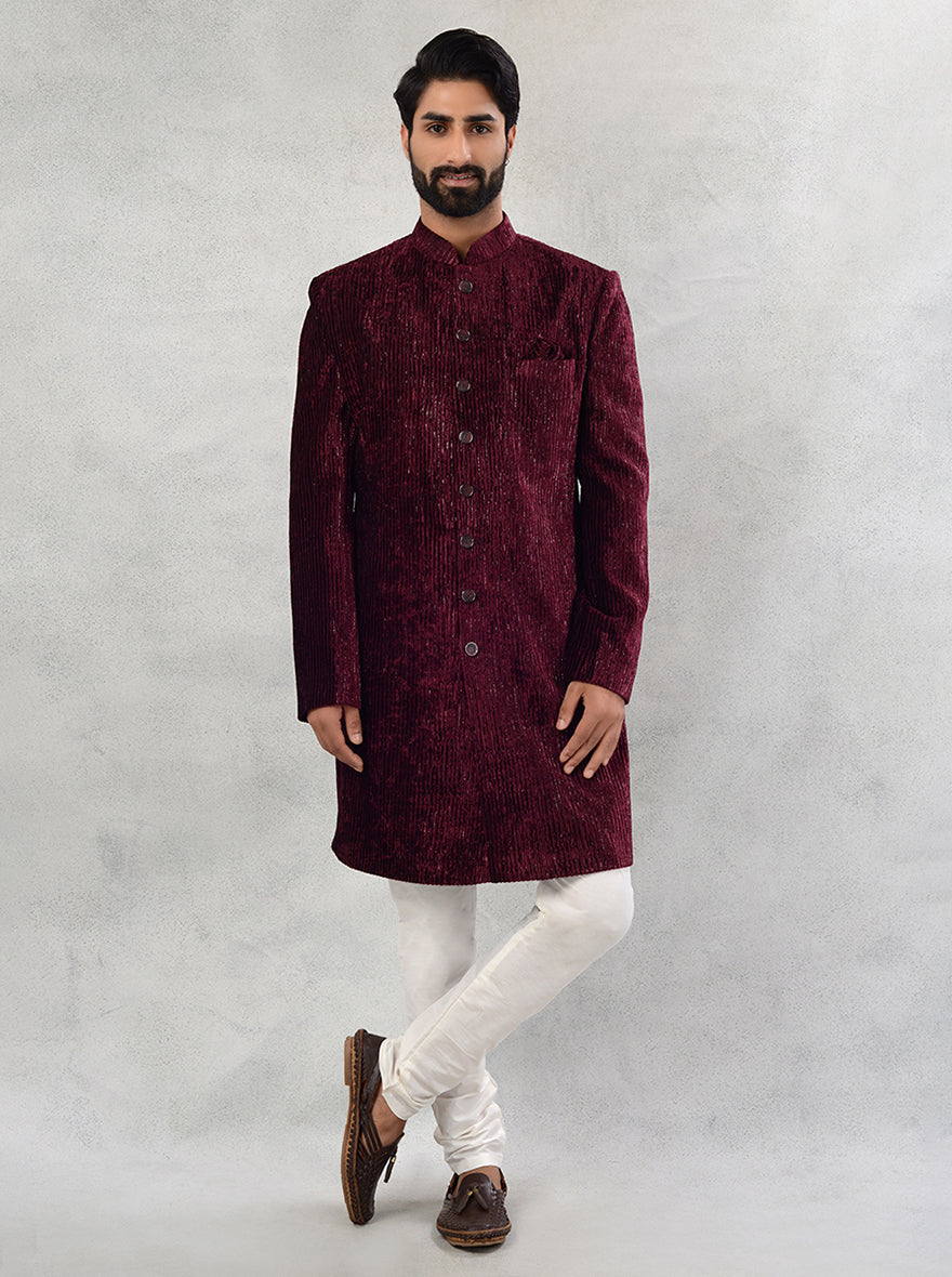 Embrace sophistication with rich Maroon Velvet Indo Western clothing, perfect for upscale occasions in the USA.