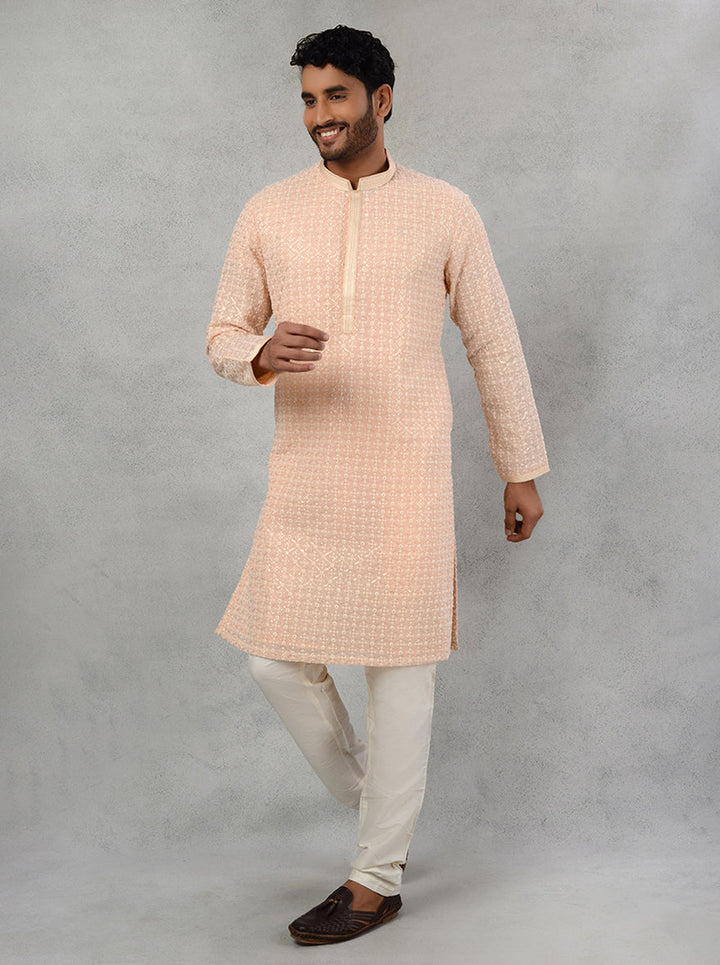 Make a statement in our peach georgette kurta pajama, ideal for festive gatherings in the USA.