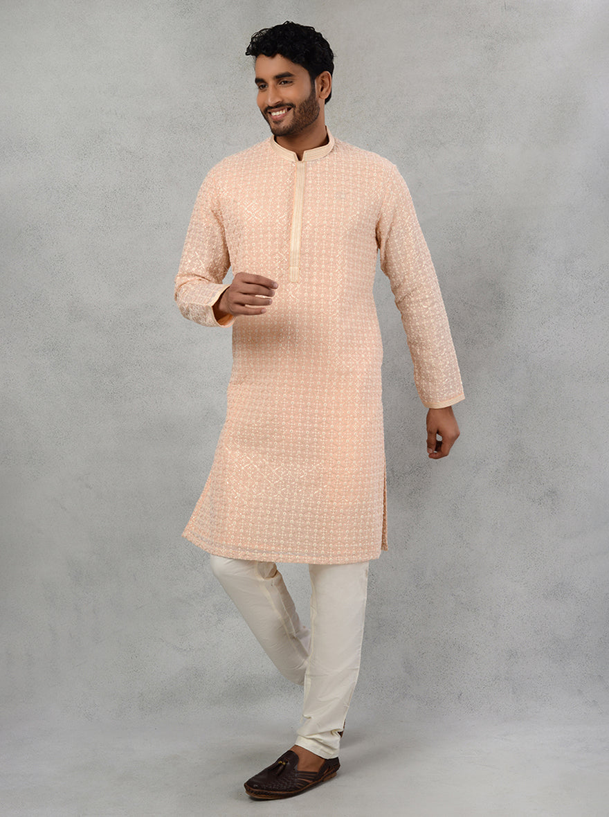 Elegant Peach Embroidered Kurta Pajama for Men’s Wear