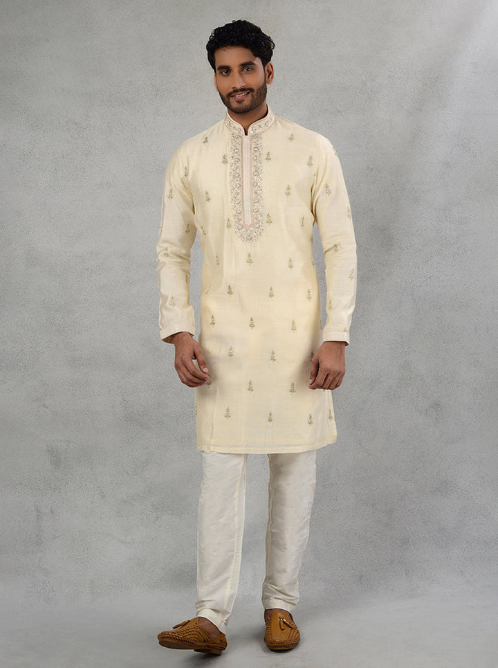 Elegant Ivory Silk Kurta Pajama with Diamond Embroidery