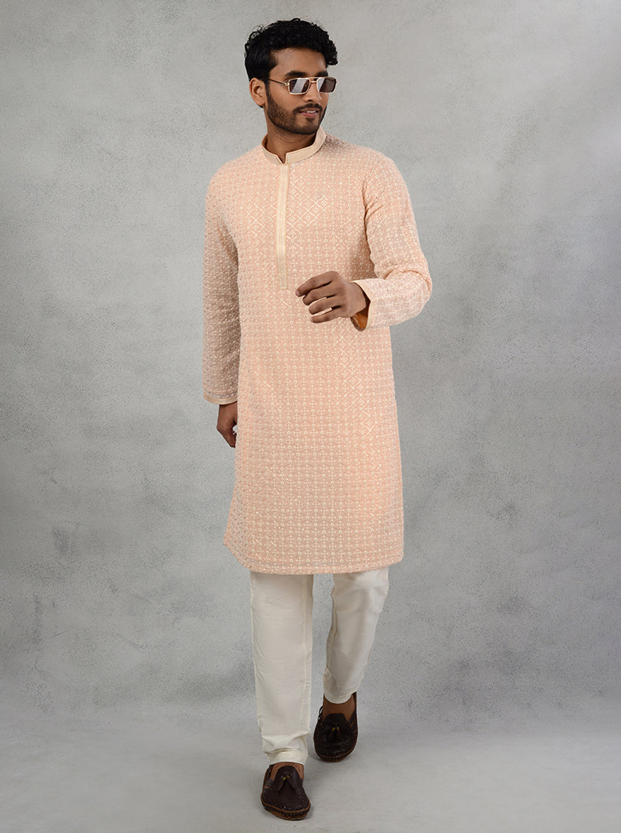 Luxurious peach georgette kurta set, perfect for cultural events and upscale occasions in the USA.