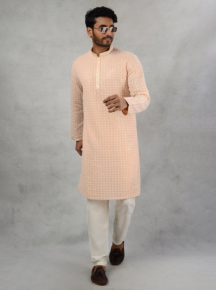 Stylish Peach Kurta Pajama with Thread Embroidery