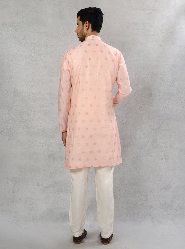 Silk jacquard blush pink kurta pajama with straight cut for men