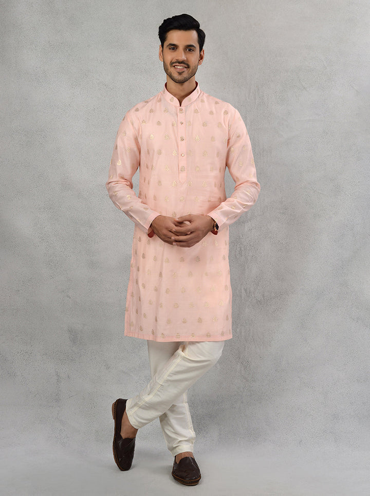 Elegant blush pink kurta pajama with self-design and classic cut