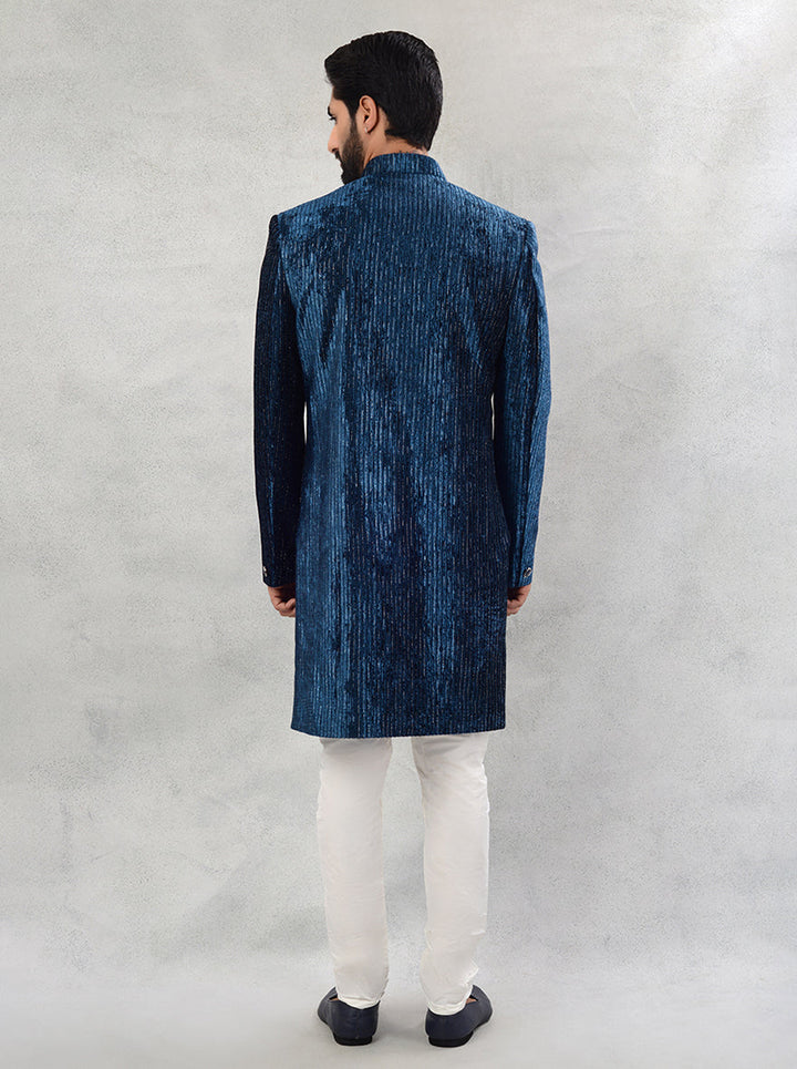 Embrace stylish charm with our exquisite Blue Velvet Indo Western, perfect for fashionable events in the USA.