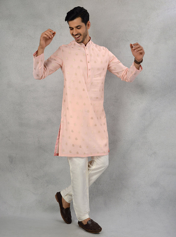 Festive blush pink kurta pajama with classic straight cut for men