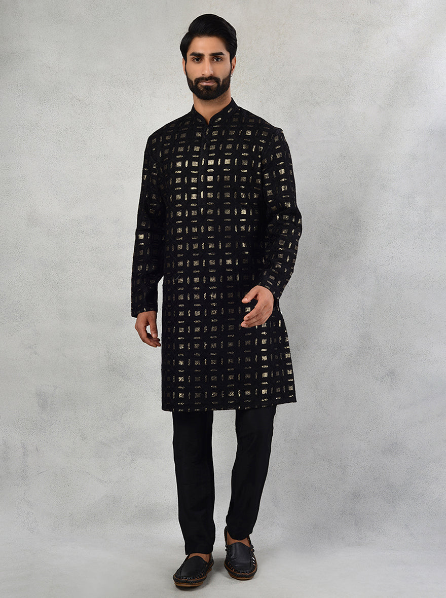 Elegant black kurta pajama for men, blending tradition and modernity effortlessly for festive occasions in the USA.