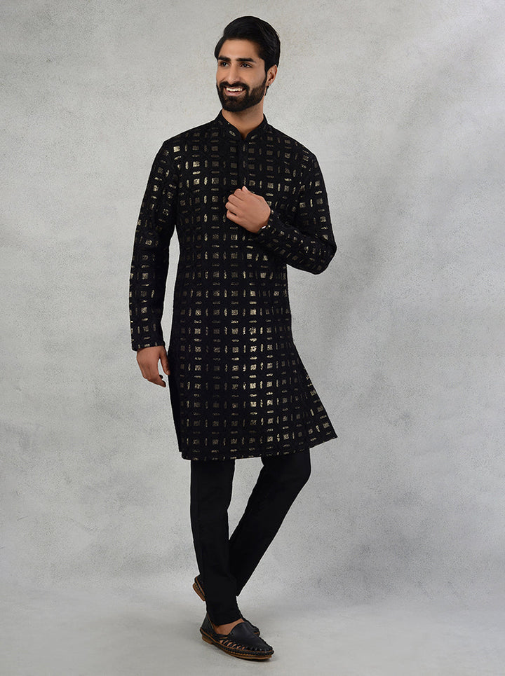 Elegant Black Kurta Pajama with Sequin Detailing