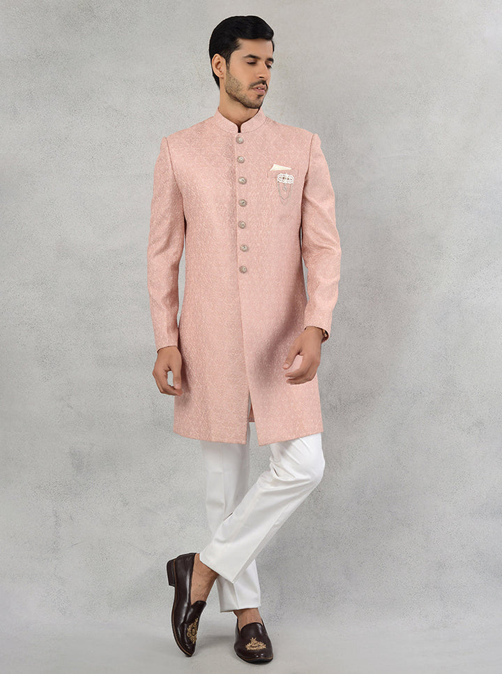 Peach georgette embroidered indowestern for father at wedding