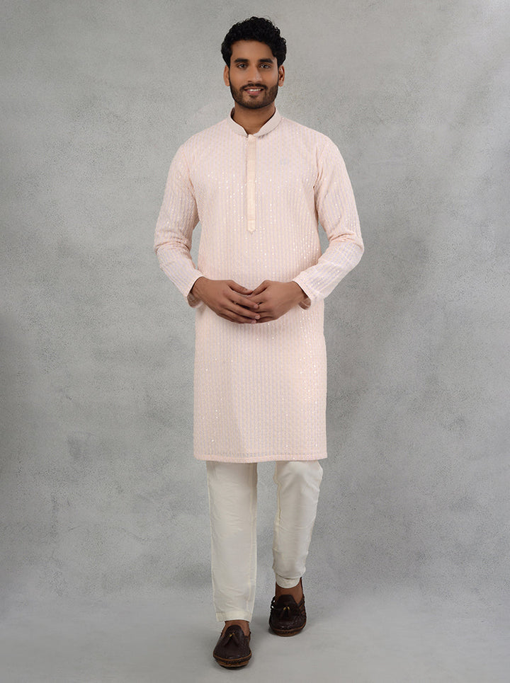 Men's pink kurta pajama with resham and sequins embroidery