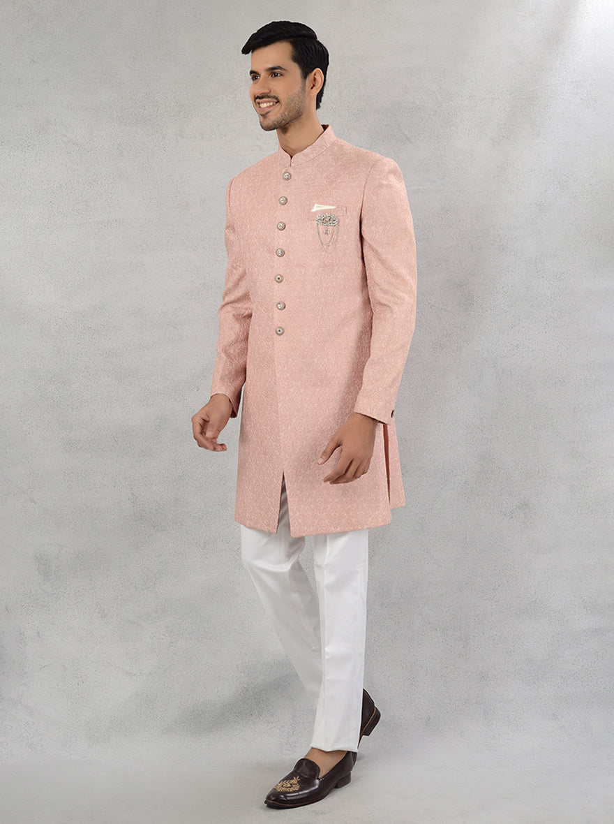 Classic straight cut peach indowestern with resham & sequins