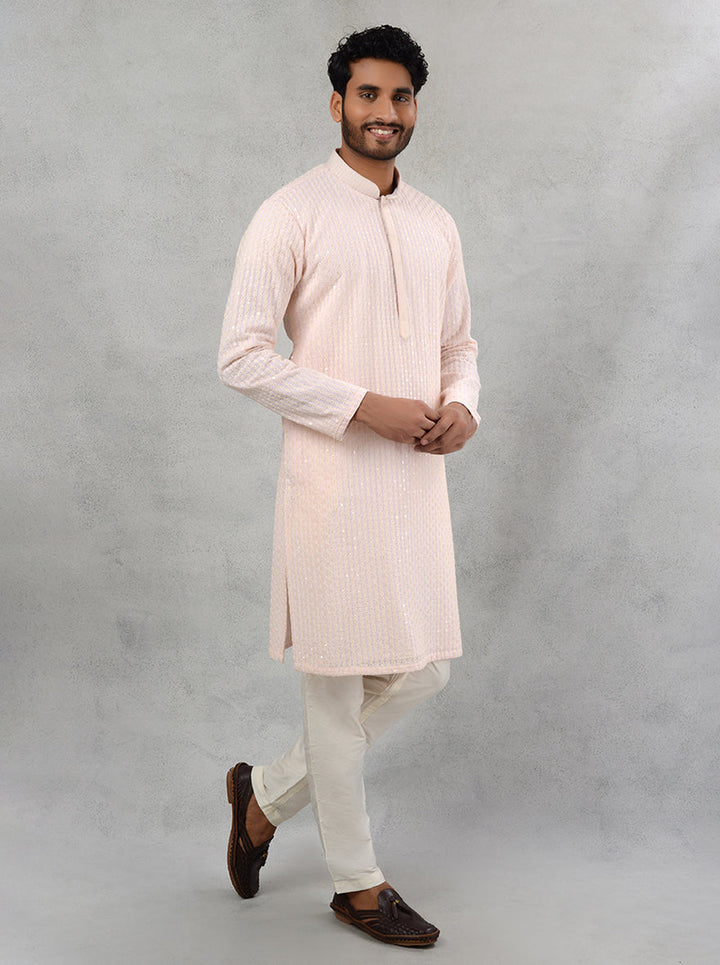 Elegant georgette embroidered kurta pajama in pink for men's wear