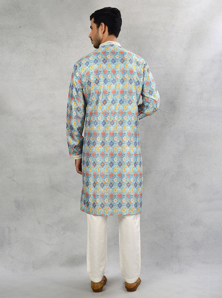 Men's blue kurta pajama with multi-printed design, perfect for weddings