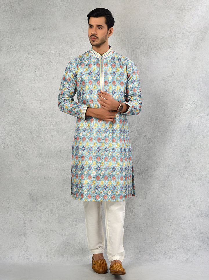 Elegant blue multi-printed kurta pajama with resham embroidery