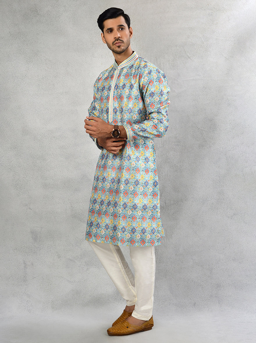 Silk blend blue kurta pajama with resham and sequins embroidery