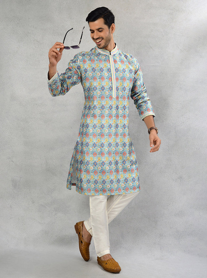 Multi-printed blue kurta pajama with intricate resham embroidery