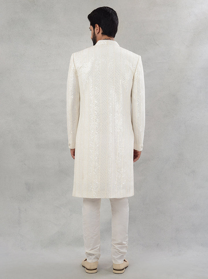 Stylish off white indowestern with resham and sequins embroidery