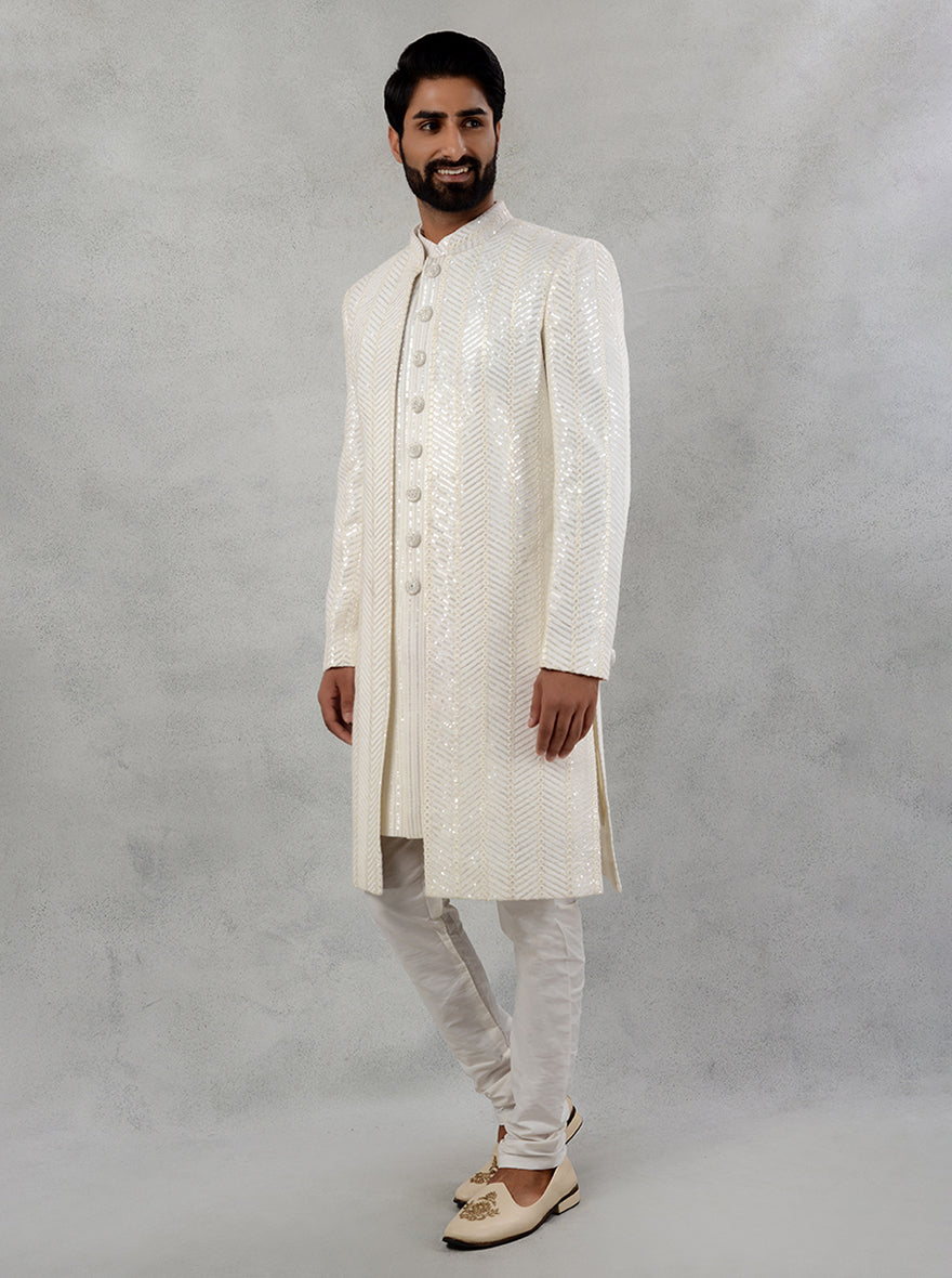 Front open off white indowestern for friend’s or sibling’s wedding