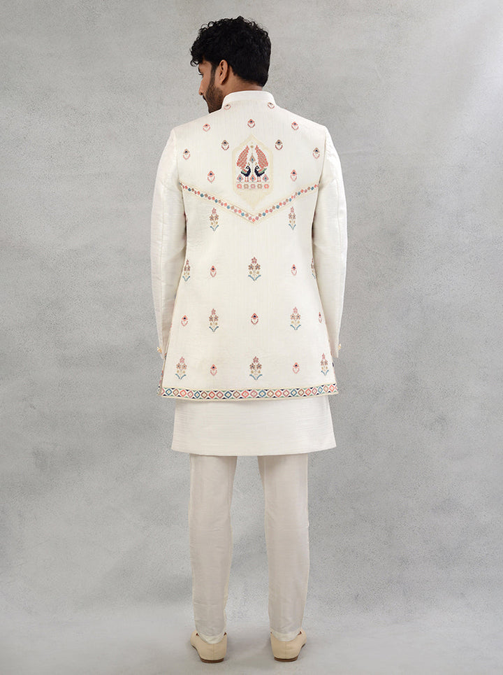 Stylish Cream Multi Silk Blend Indowestern for men with front open design.