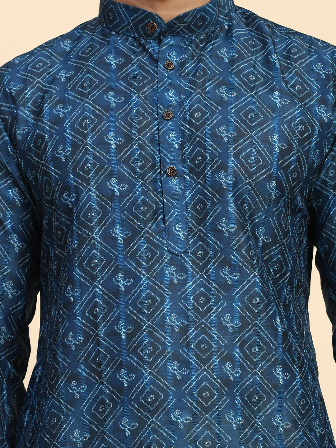 Stylish blue kurta pajama set for men, featuring a geometric digital print.