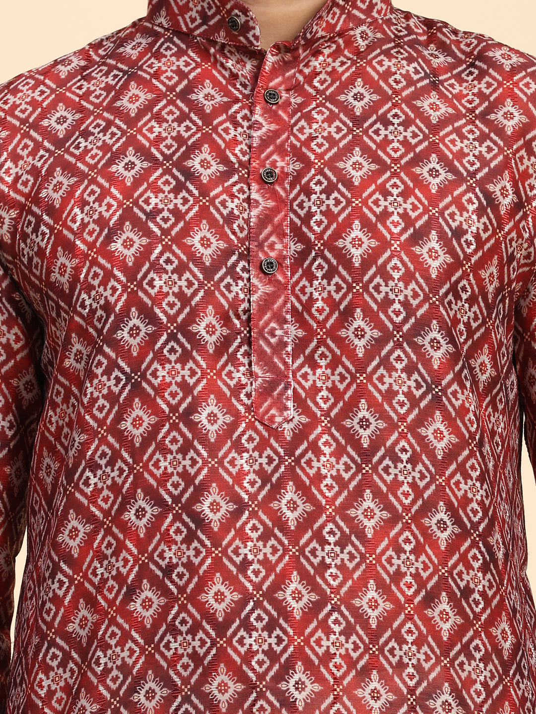 Red kurta set for men with geometric print, perfect for Sangeet and wedding wear.