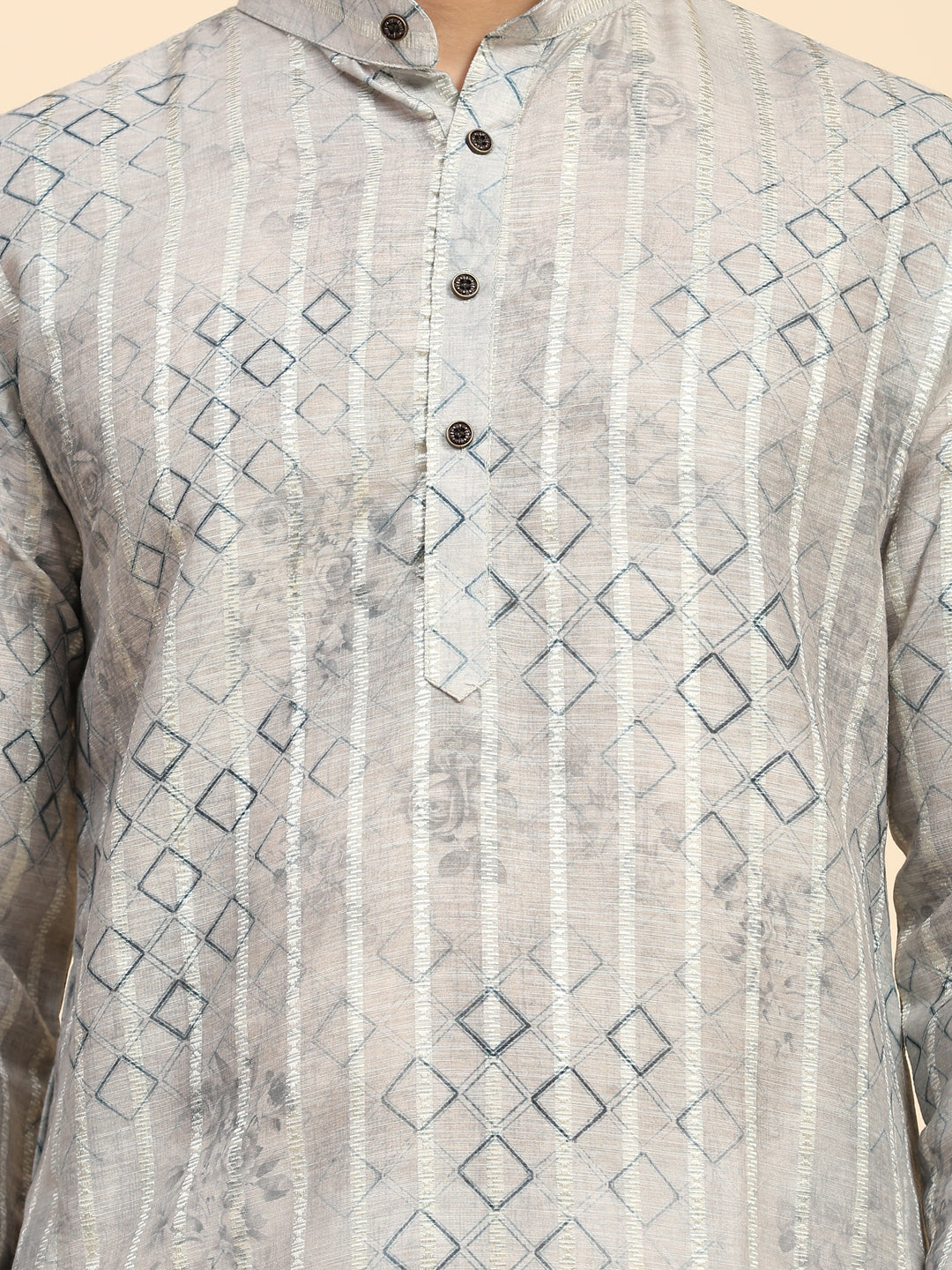 Stylish grey kurta set for men with geometric prints for a modern ethnic look.