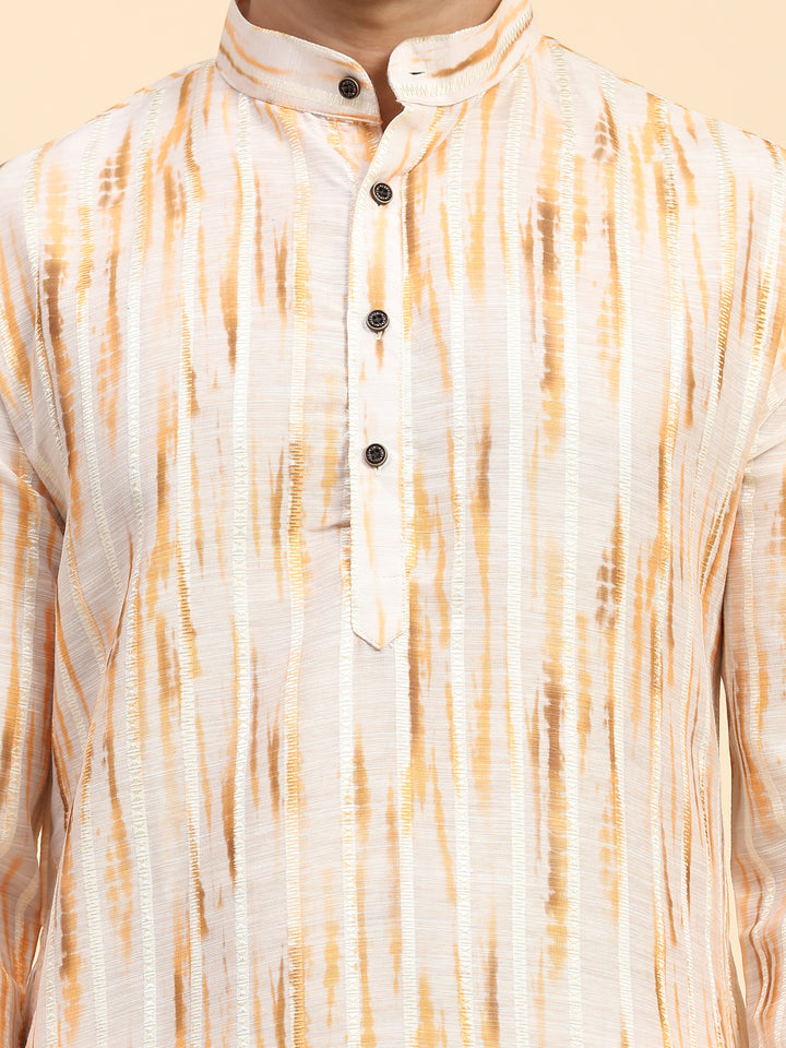 Bright yellow kurta set for men with tie-dye digital print for Haldi ceremony.