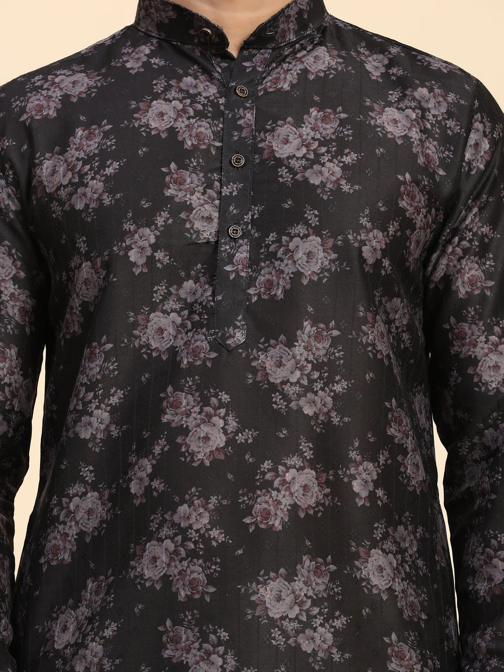 Elegant black kurta pajama for men with digital flower print, perfect for Sangeet and festive occasions.