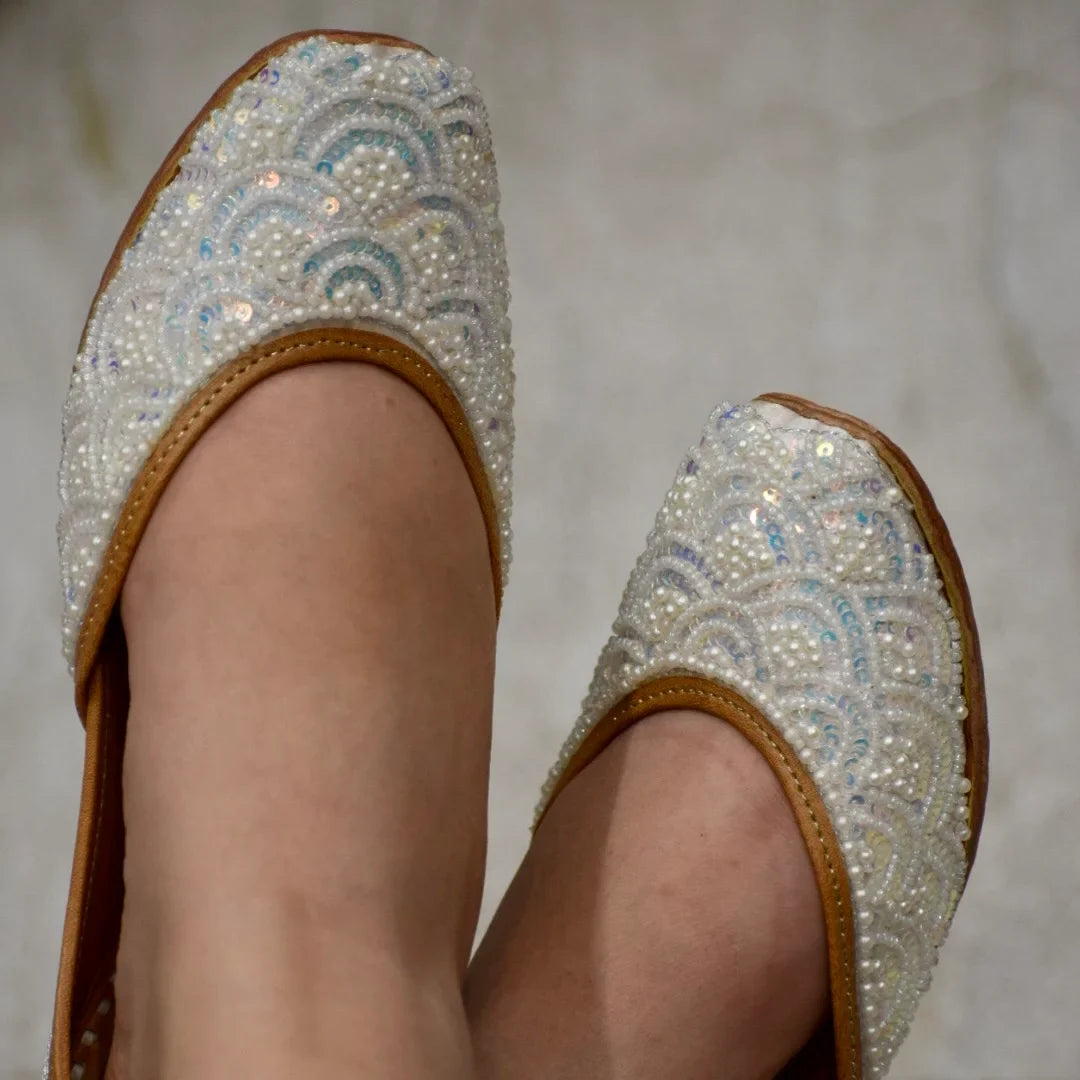 Designer Pearl Work Jutti | White & Sky Blue Handcrafted Leather Footwear