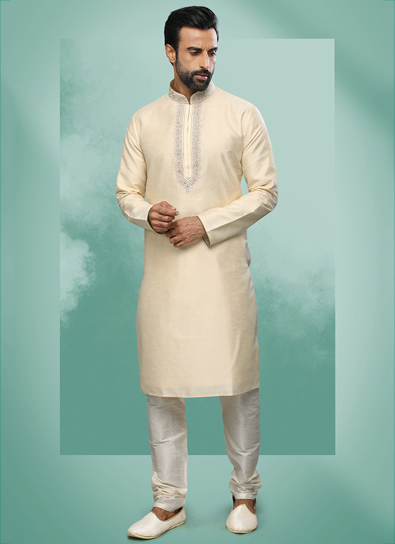 Cream Fashion Art Silk Premium Kurta Pajama | Exuding Royalty with Superior Fabric & Impeccable Craftsmanship