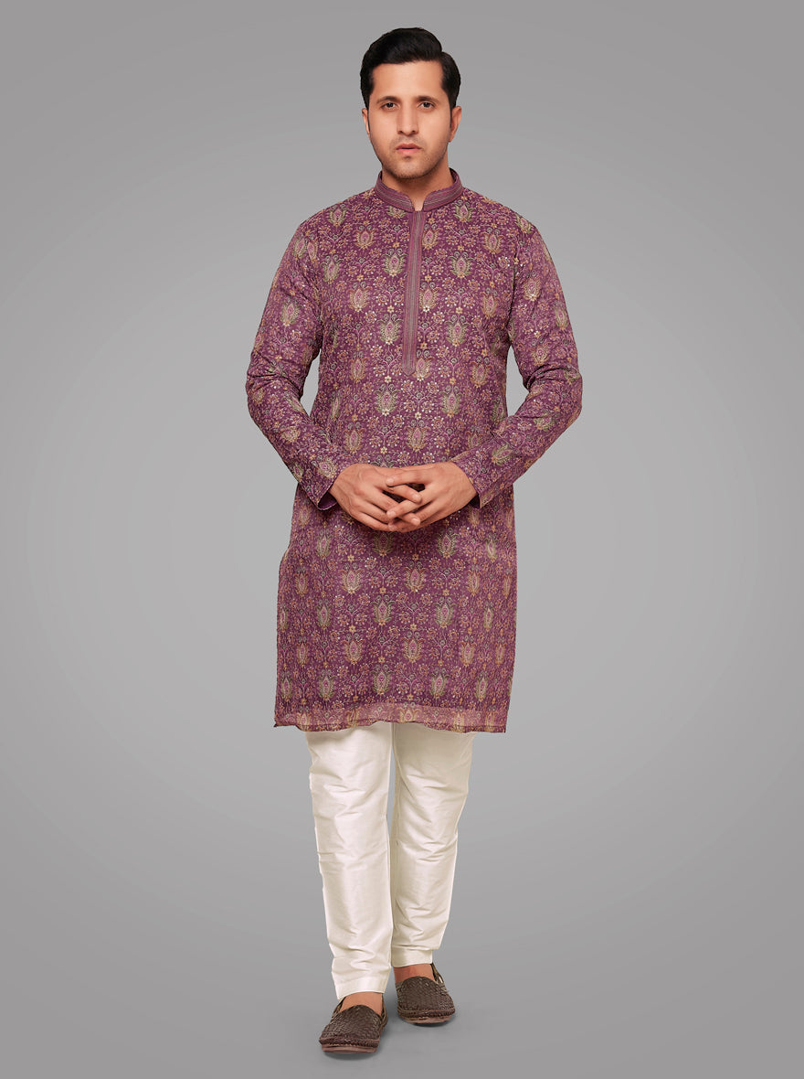 Graceful purplish wine kurta set made from silk blend, perfect for celebrating pre-wedding events in the USA.