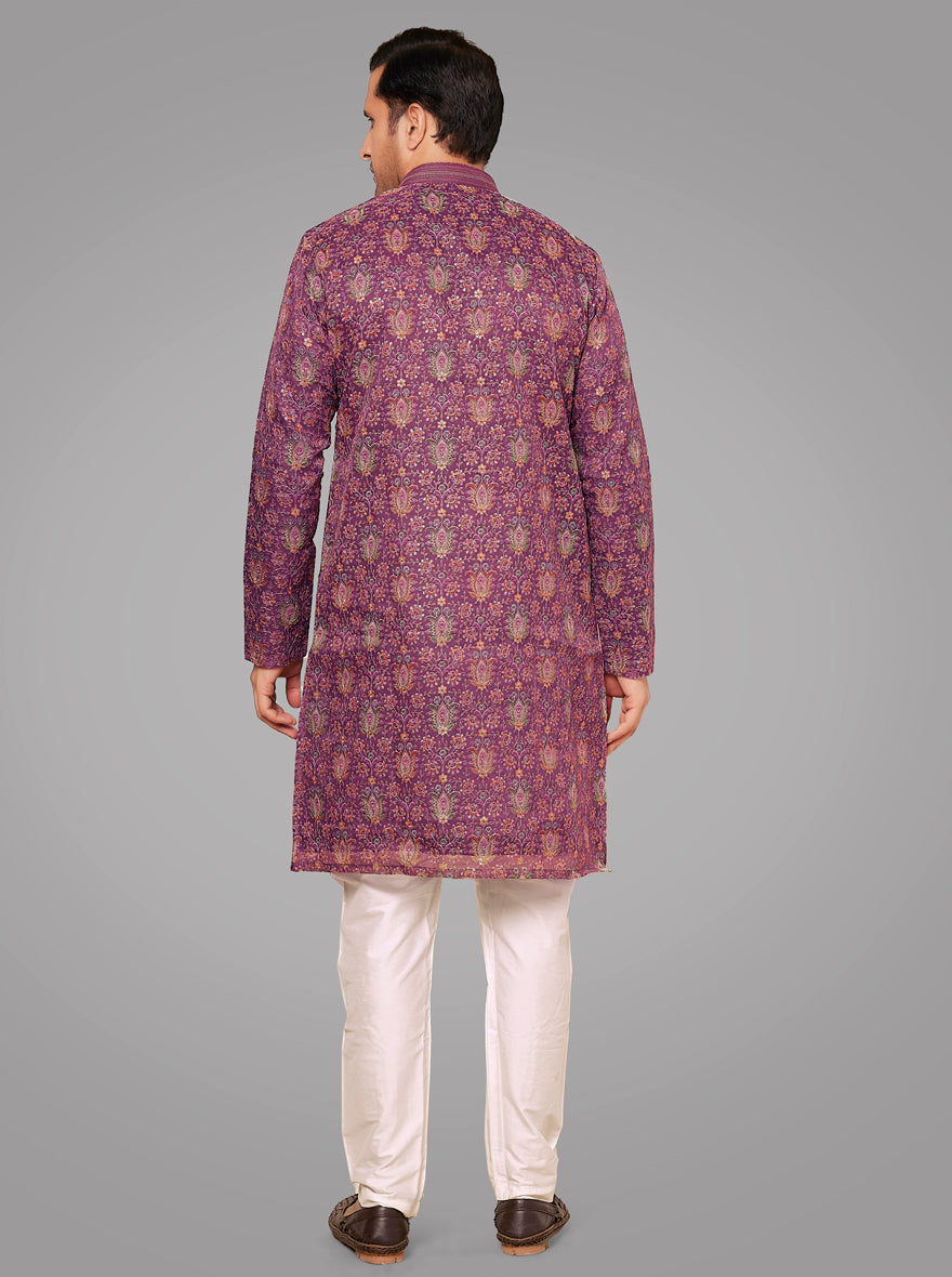 Traditional Wine Kurta Pajama for men, made from silk blend fabric with embroidery.