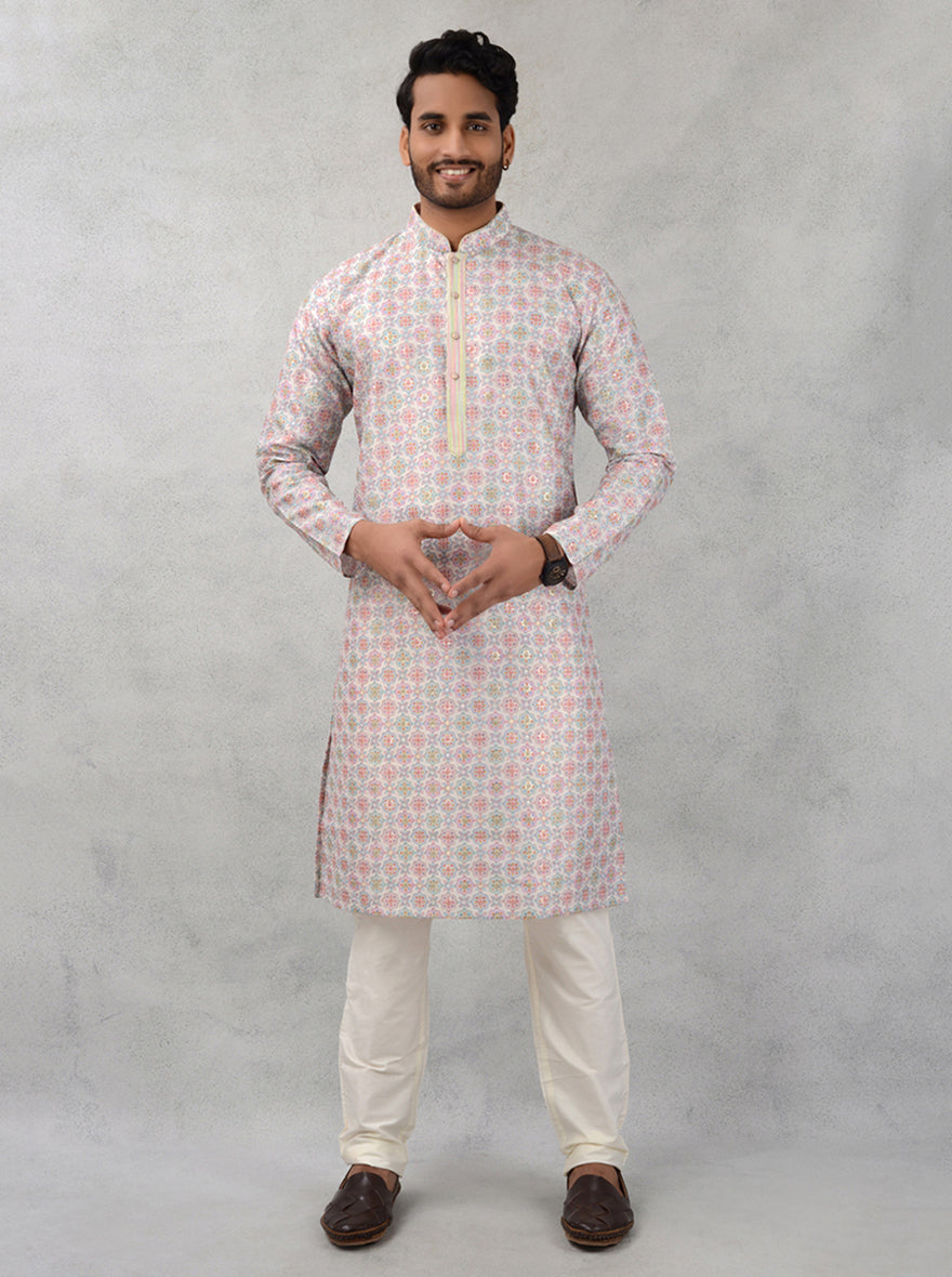 Cream Silk Blend Kurta Pajama with Resham & Sequins Embroidery