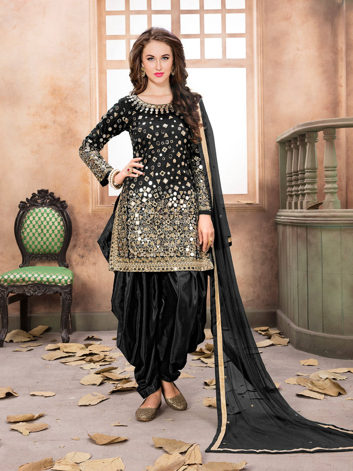 Elegant black taffeta silk embroidered salwar kameez showcasing intricate designs.