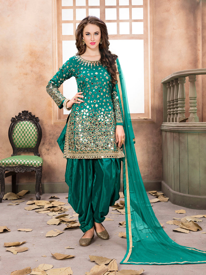 Elegant rama-colored taffeta silk salwar kameez featuring exquisite embroidery.