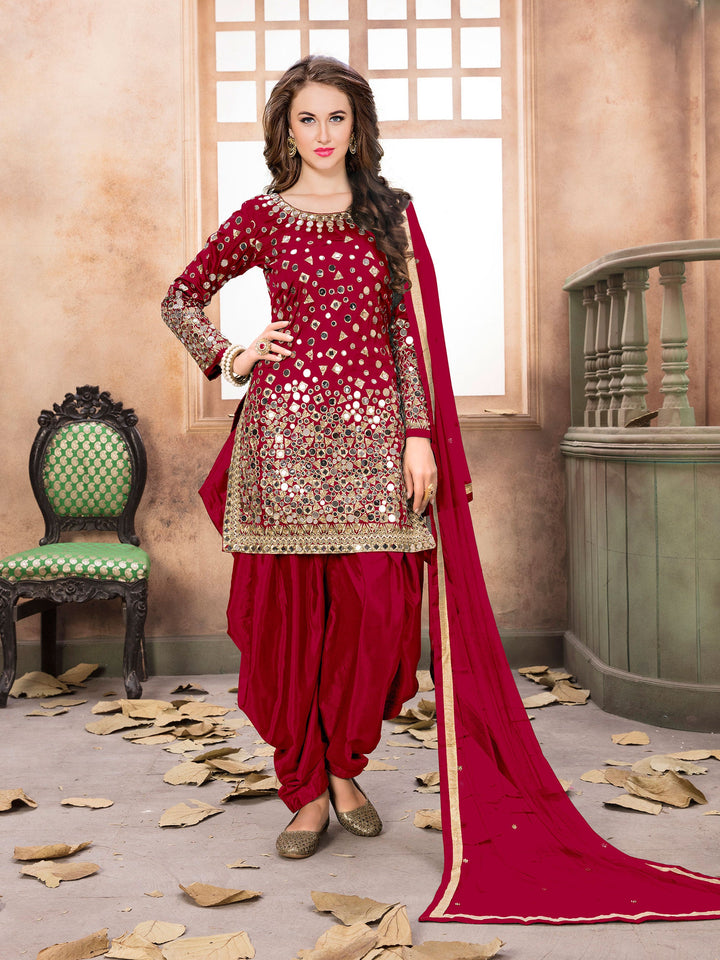 Stunning red taffeta silk salwar kameez showcasing intricate embroidery, designed for stylish women in the USA.