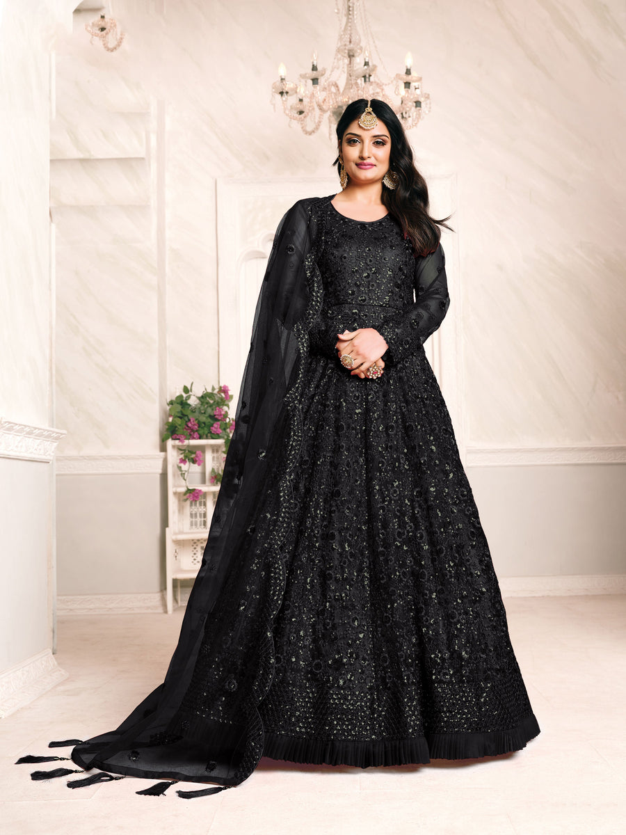 Elegant black designer salwar kameez set, ideal for special events, featuring exquisite detailing and sophisticated design.