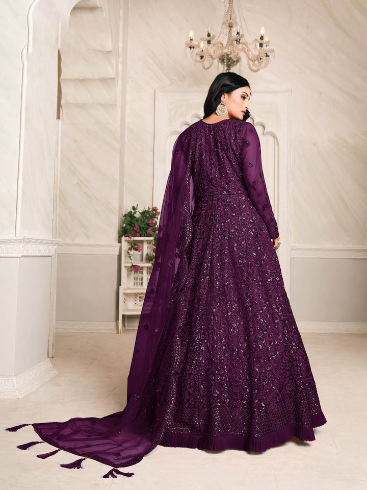 Chic dark purple Anarkali showcasing unique craftsmanship, designed for modern women attending special occasions in the USA.